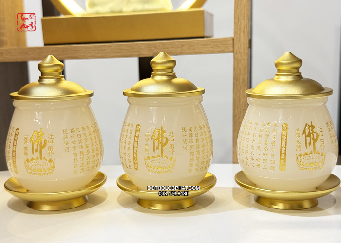 Bộ Đồ Thờ Cúng Bằng Bột Đá Khắc Tâm Kinh Chữ Phật