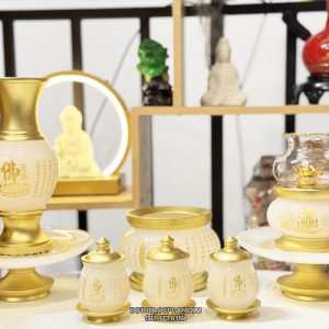 Bộ Đồ Thờ Cúng Bằng Bột Đá Khắc Tâm Kinh Chữ Phật