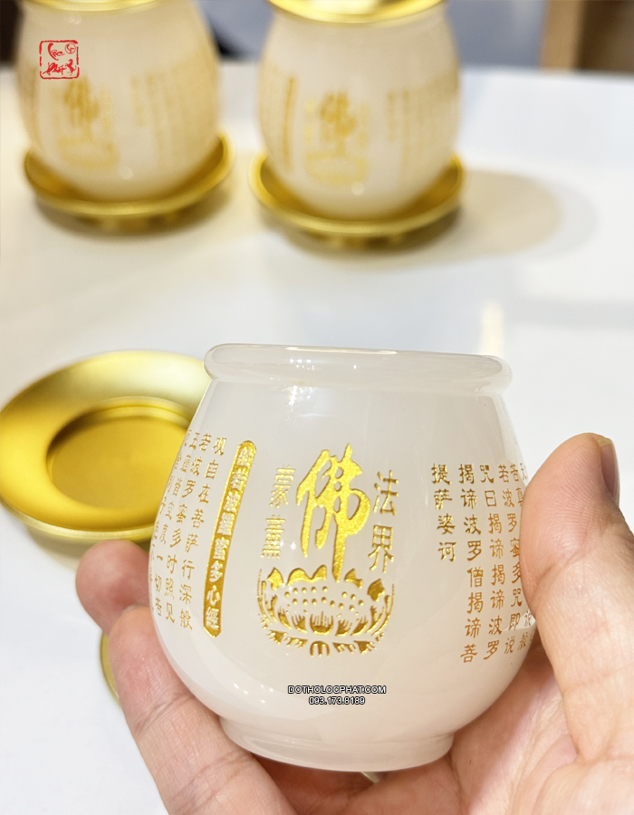 Bộ Đồ Thờ Cúng Bằng Bột Đá Khắc Tâm Kinh Chữ Phật