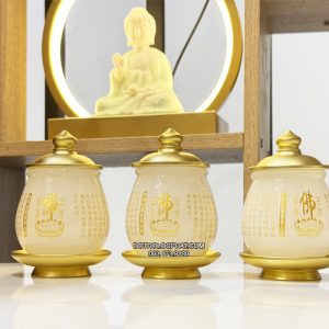 chum nước có nắp bằng bột đá trắng khắc tâm kinh chữ Phật