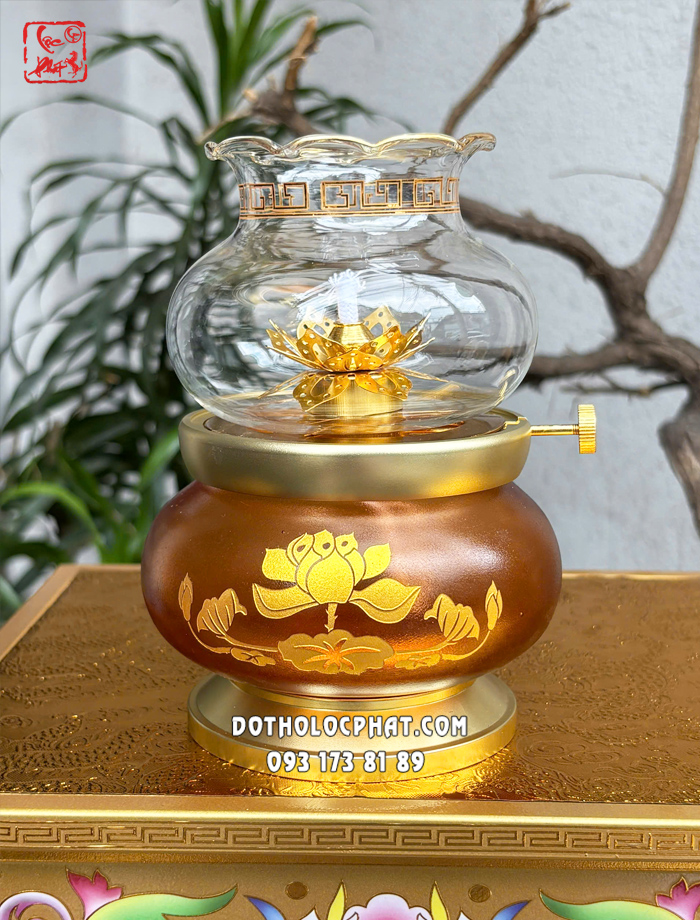 Đèn dầu thờ cúng hoa sen thân nâu đẹp nhất