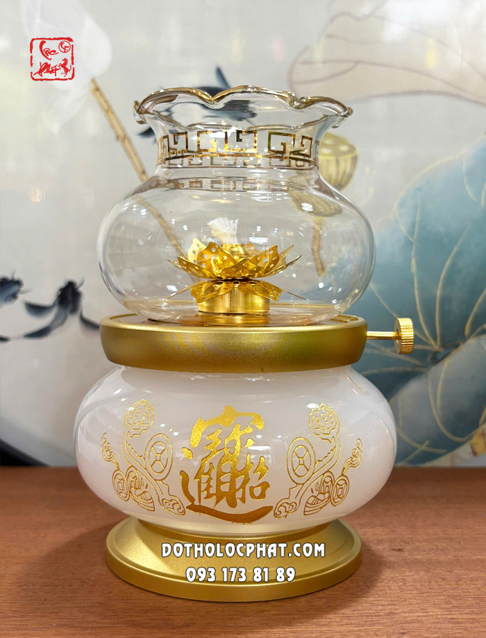 Đèn dầu thờ cúng bạch ngọc chiêu tài tiến bảo