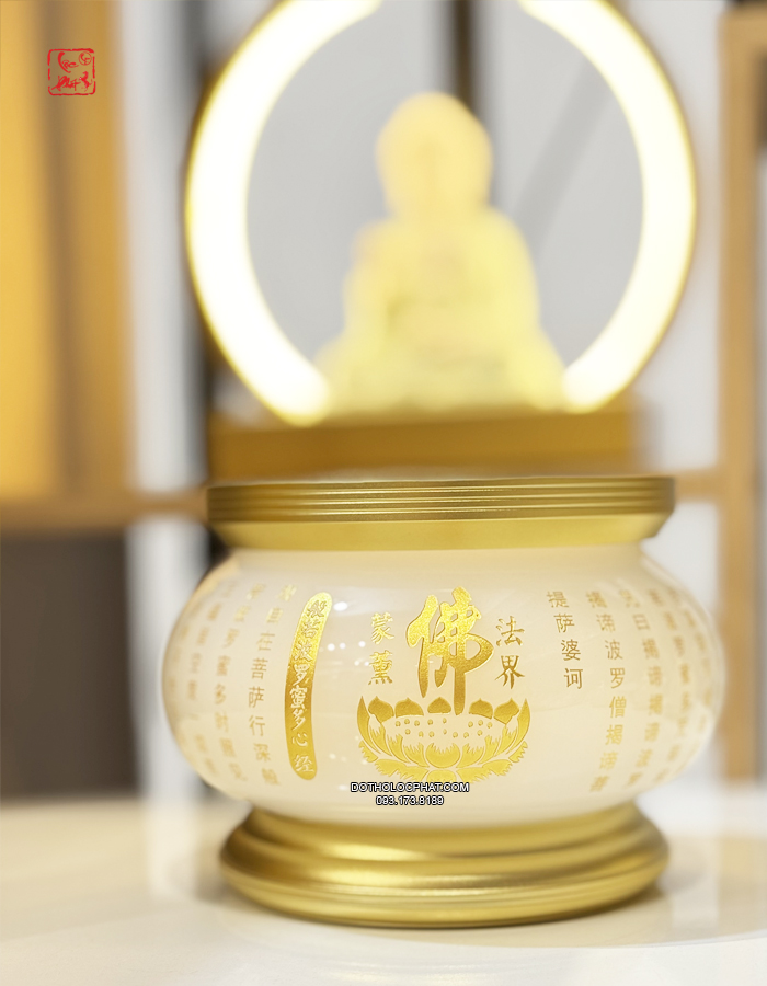 Lư hương thờ cúng bằng bột đá trắng khắc tâm kinh chữ Phật