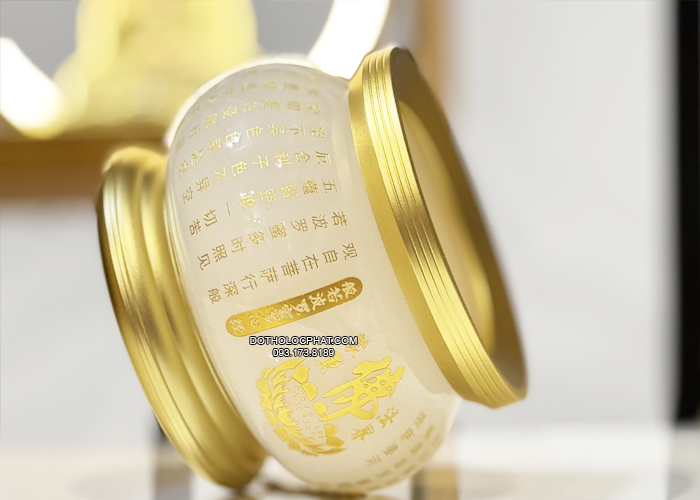 Lư hương thờ cúng bằng bột đá trắng khắc tâm kinh chữ Phật