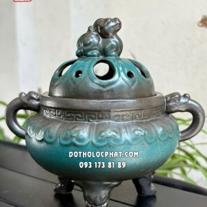Đỉnh đốt trầm nắp tỳ hưu sứ xanh men rạn