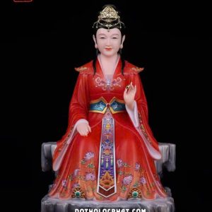 Tượng Bà Cố Hỷ áo gấm đỏ ngồi bệ đá