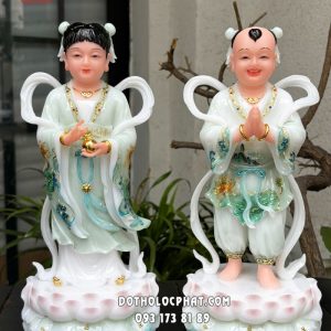 Tượng Tiên Đồng Ngọc Nữ Xanh Ngọc hoa sen nổi đế mây