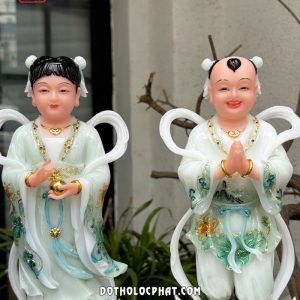 Tượng Tiên Đồng Ngọc Nữ Xanh Ngọc hoa sen nổi đế mây