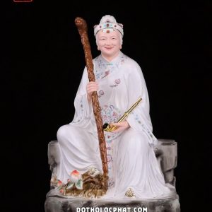 Tượng Hắc Lão Thái áo hoa ngồi bệ đá bằng bột đá trắng