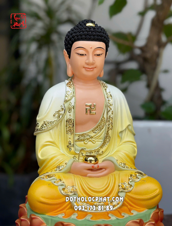 Tượng Phật A Di Đà áo vàng bằng composite đế đỏ cam