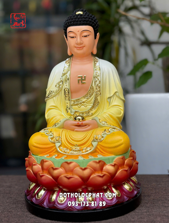 Tượng Phật A Di Đà áo vàng bằng composite đế đỏ cam