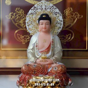 Tượng Phật A Di Đà đỏ gấm hoa đế sen vàng có hào quang