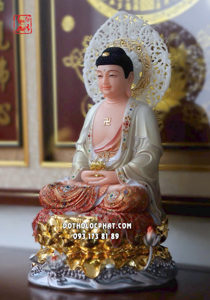 Tượng Phật A Di Đà đỏ gấm hoa đế sen vàng có hào quang