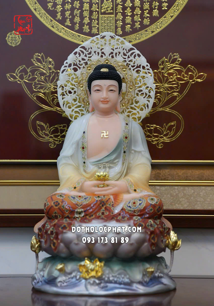 Tượng Phật A Di Đà cam áo rũ hào quang đế sen sóng nước