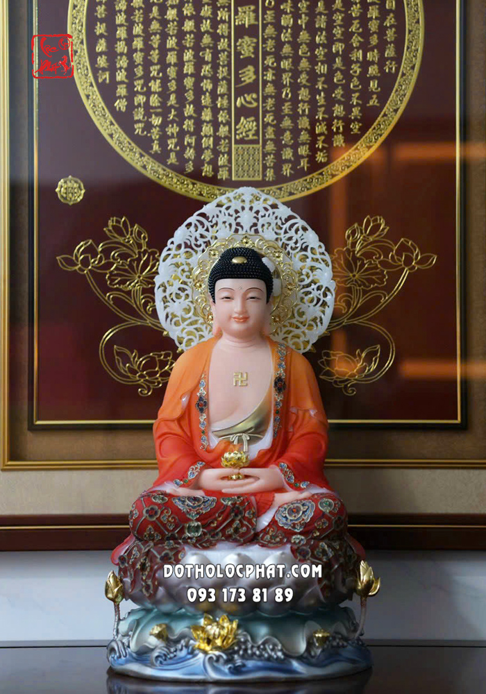 Tượng Phật A Di Đà Áo rũ gấm đỏ đế sen sóng nước hào quang