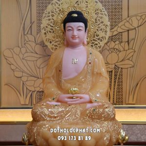 Tượng Phật A Di Đà thạch anh áo rũ đế sen sóng nước có hào quang