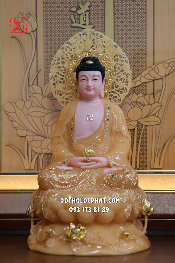 Tượng Phật A Di Đà thạch anh áo rũ đế sen sóng nước có hào quang