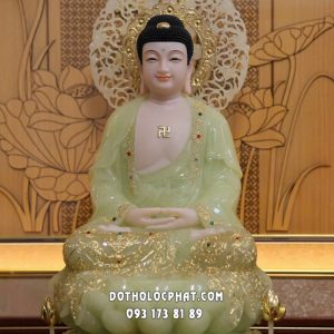 Tượng Phật A Di Đà thạch ngọc áo rũ đế sen sóng nước có hào quang