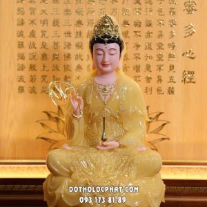 Tượng Quan Âm Bồ Tát thạch anh áo rũ viền vàng đế sen