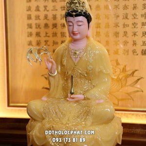 Tượng Quan Âm Bồ Tát thạch anh áo rũ viền vàng đế sen