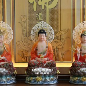 Tượng Ta Bà Tam Thánh gấm đỏ hoa văn đế sen sóng nước hào quang lá đề