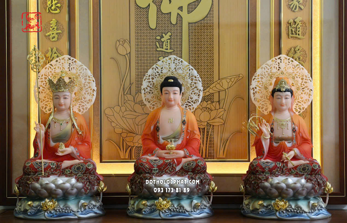 Tượng Ta Bà Tam Thánh gấm đỏ hoa văn đế sen sóng nước hào quang lá đề