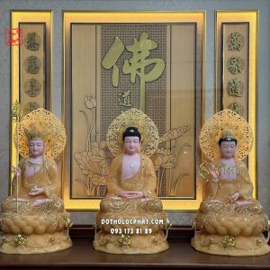 Tượng Ta Bà Tam Thánh thạch anh áo rũ viền vàng hào quang lá đề