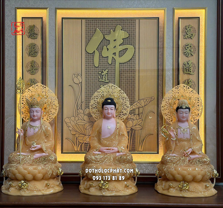 Tượng Ta Bà Tam Thánh thạch anh áo rũ viền vàng hào quang lá đề