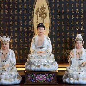 Tượng Ta Bà Tam Thánh trắng ngà áo rũ viền vàng đế non nước