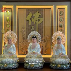 Tượng Ta Bà Tam Thánh áo trắng viền vàng đế sen sóng nước hào quang