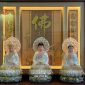 Tượng Ta Bà Tam Thánh áo trắng viền vàng đế sen sóng nước hào quang