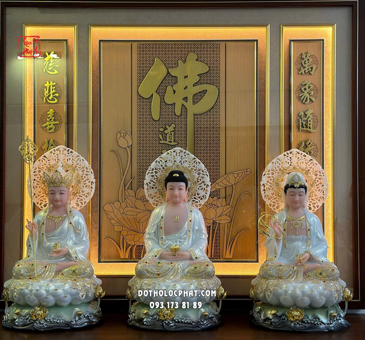 Tượng Ta Bà Tam Thánh áo trắng viền vàng đế sen sóng nước hào quang