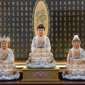 Tượng Ta Bà Tam Thánh ngồi áo rũ đế non nước màu vàng nhạt