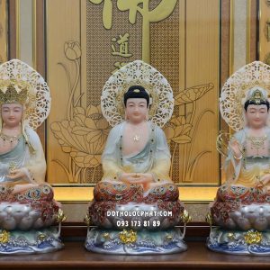 Tượng Ta Bà Tam Thánh áo vàng gấm hoa đỏ đế sen sóng nước hào quang