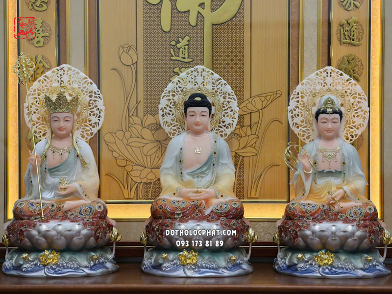 Tượng Ta Bà Tam Thánh áo vàng gấm hoa đỏ đế sen sóng nước hào quang