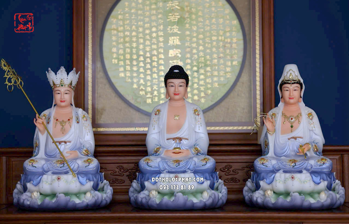 Tượng Ta Bà Tam Thánh xanh lam áo rũ đế non nước