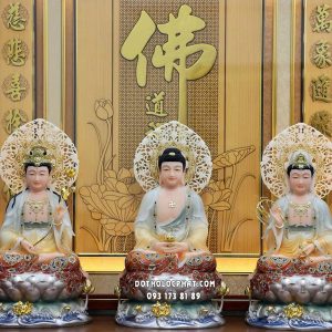 Tượng Tây Phương Tam Thánh gấm đỏ cam đế sen sóng nước có hào quang