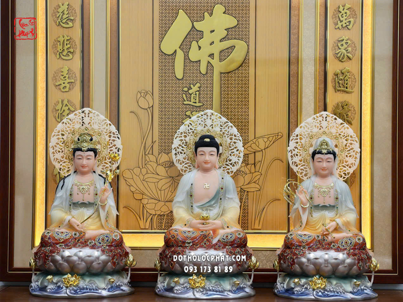 Tượng Tây Phương Tam Thánh gấm đỏ cam đế sen sóng nước có hào quang