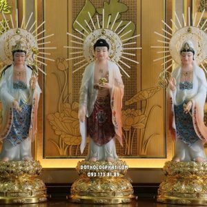 Tượng Tây Phương Tam Thánh đứng đế sen vàng hào quang tỏa tia
