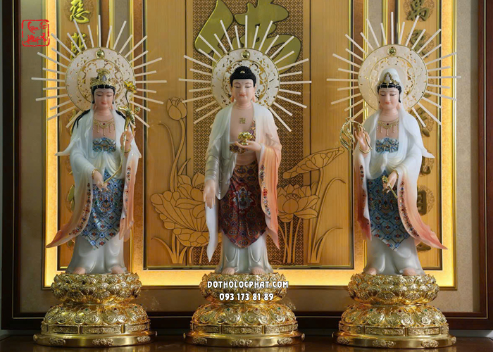 Tượng Tây Phương Tam Thánh đứng đế sen vàng hào quang tỏa tia