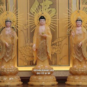Tượng Tây Phương Tam Thánh đứng đến sen viền vàng hào quang tỏa tia bằng thạch anh