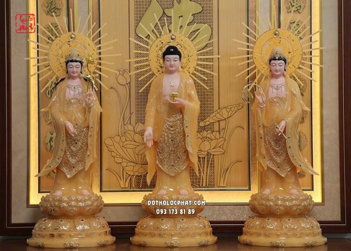 Tượng Tây Phương Tam Thánh đứng đến sen viền vàng hào quang tỏa tia bằng thạch anh