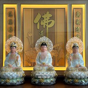 Tượng Tây Phương Tam Thánh áo trắng viền vàng đế sen hào quang lá đề