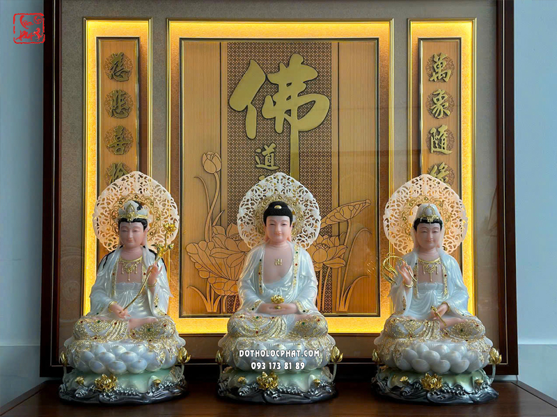 Tượng Tây Phương Tam Thánh áo trắng viền vàng đế sen hào quang lá đề