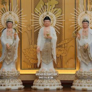 Tượng Tây Phương Tam Thánh đứng đế sen có hào quang bằng bột đá trắng