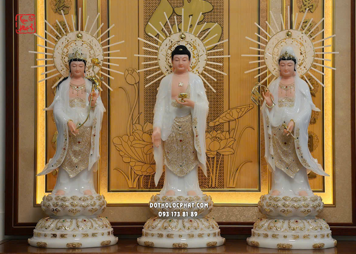 Tượng Tây Phương Tam Thánh đứng đế sen có hào quang bằng bột đá trắng