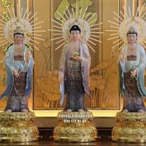 Tượng Tây Phương Tam Thánh xanh đứng đế sen vàng có hào quang