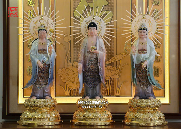 Tượng Tây Phương Tam Thánh xanh đứng đế sen vàng có hào quang