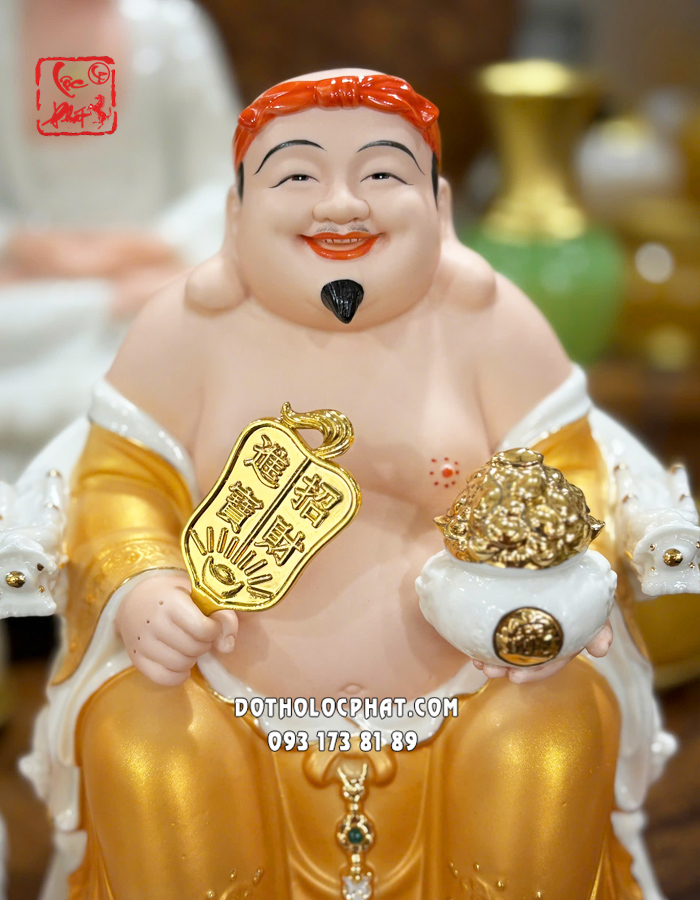 Tượng Thần Tài Thổ Địa hũ vàng áo vàng bằng sứ