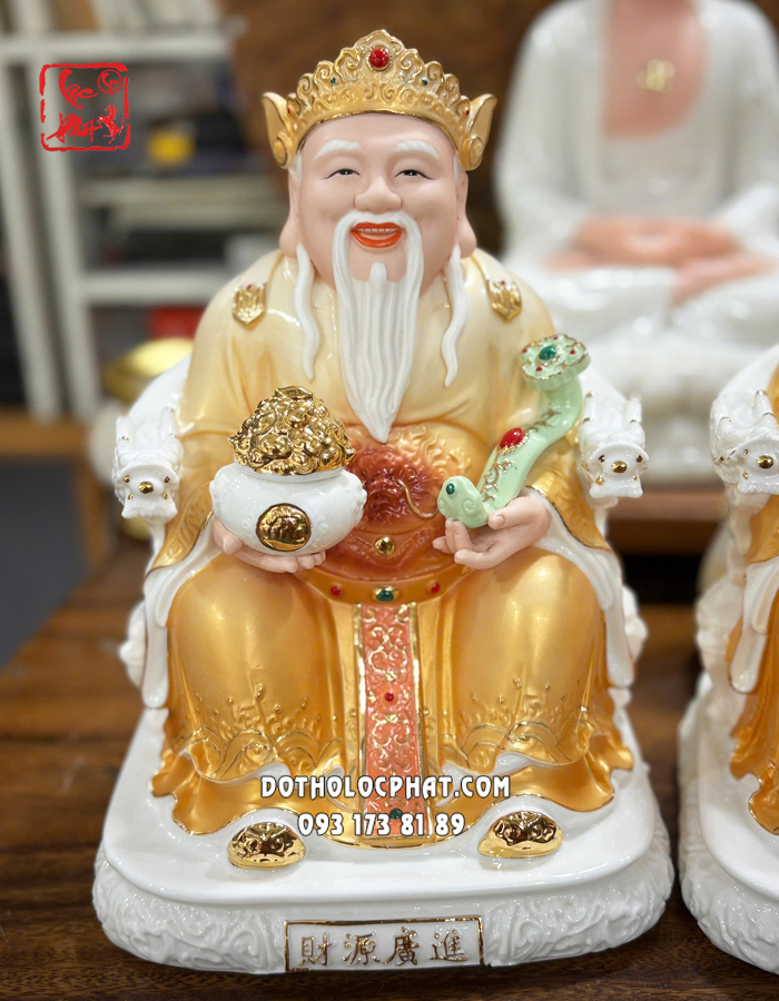 Tượng Thần Tài Thổ Địa hũ vàng áo vàng bằng sứ